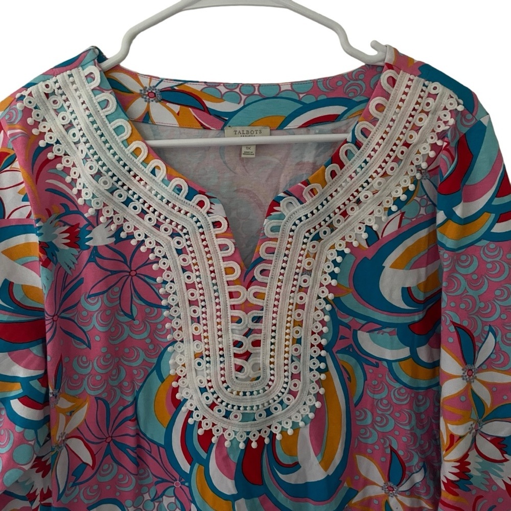Talbots Women's Colorful Tunic Top Crochet Detail Neck Beachy Size 1X - Picture 2 of 8